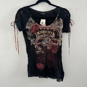 Skinny Minnie Y2K Scoop Neck Graphic Short Sleeve Top Black Size Large NWT